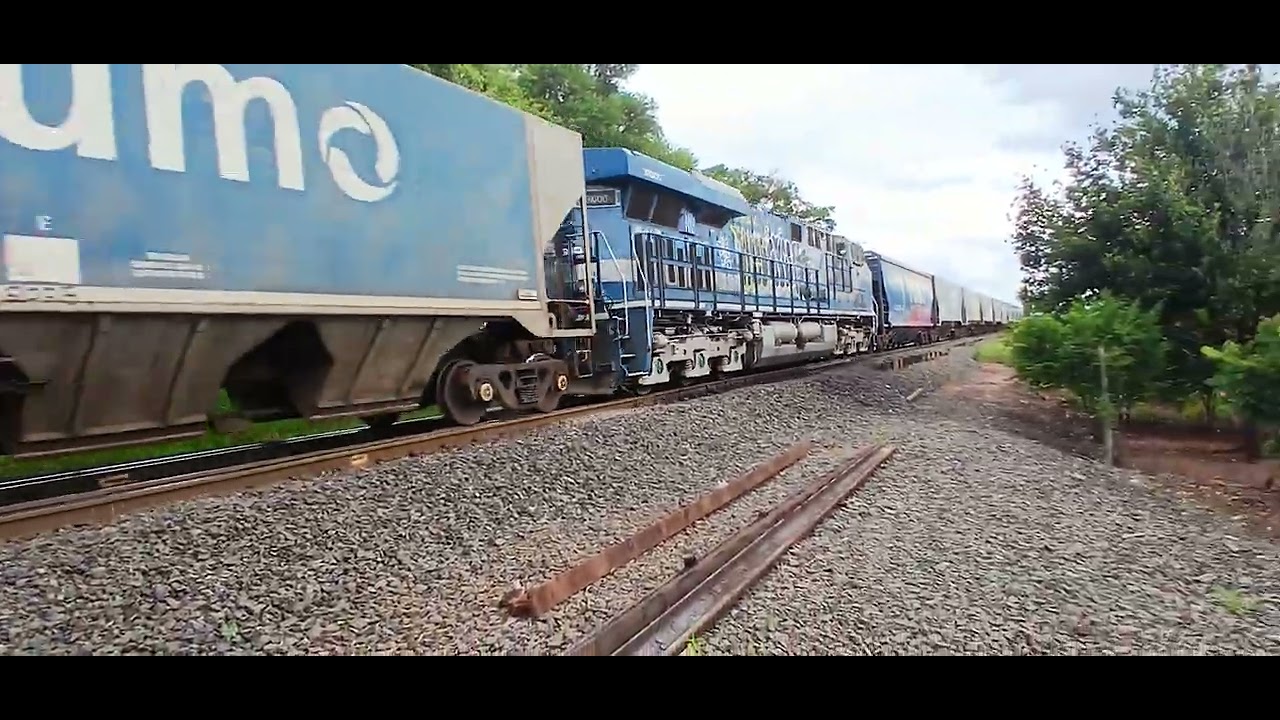 Trem graneleiro tricotrol carregado liderado pela locomotiva GE AC44i