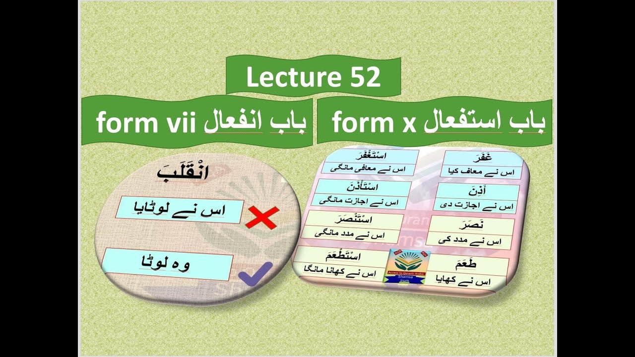Lecture 52 baab Infiaal & Istifaal / Form vii & form x / ثلاثی مزید فیه باب انفعال باب استفعال