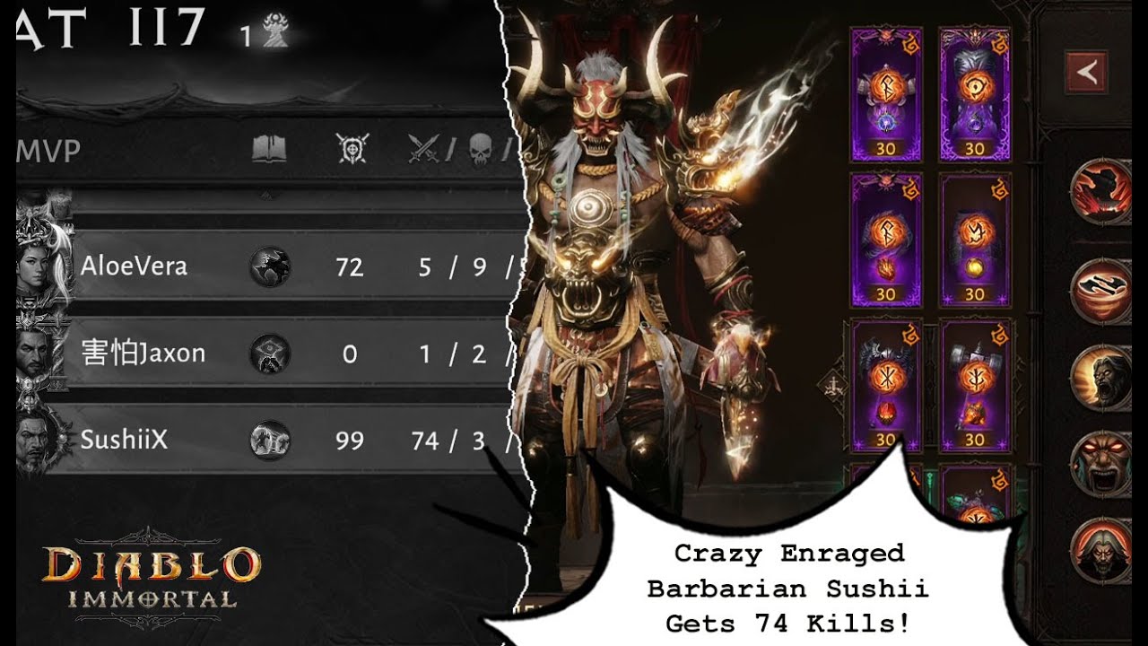 Ancient Sushii's CRAZY ENRAGED BARBARIAN Gets 74 Kills as MVP Wins By 1 Point | Diablo Immortal