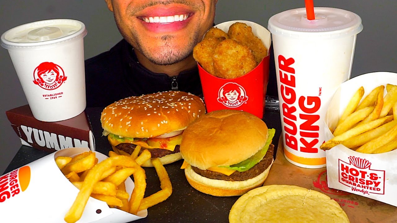 ASMR WENDY'S VS BURGER KING MUKBANG CHICKEN NUGGETS FROSTY WHOPPER HERSHEY'S PIE *TALKING* EATING