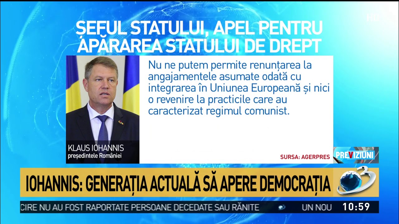 Klaus Iohannis, un nou apel la statul de drept: Generația actuală să apere democrația. Să comba