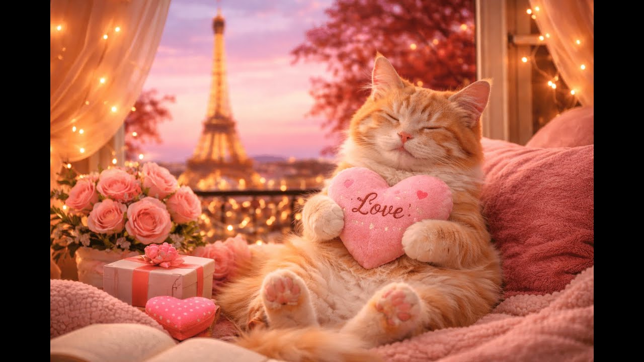 Cozy Valentine Cat Purring 🐱💖 Relaxing Paris Ambience with Eiffel Tower for Sleep & Stress Relief