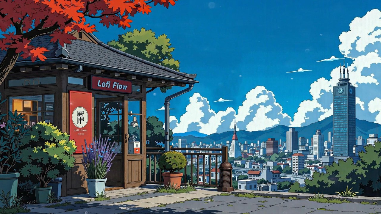 Sunny Hilltop Cafe ☀️ Lofi for Study & Work | Peaceful Daytime City View 🌿