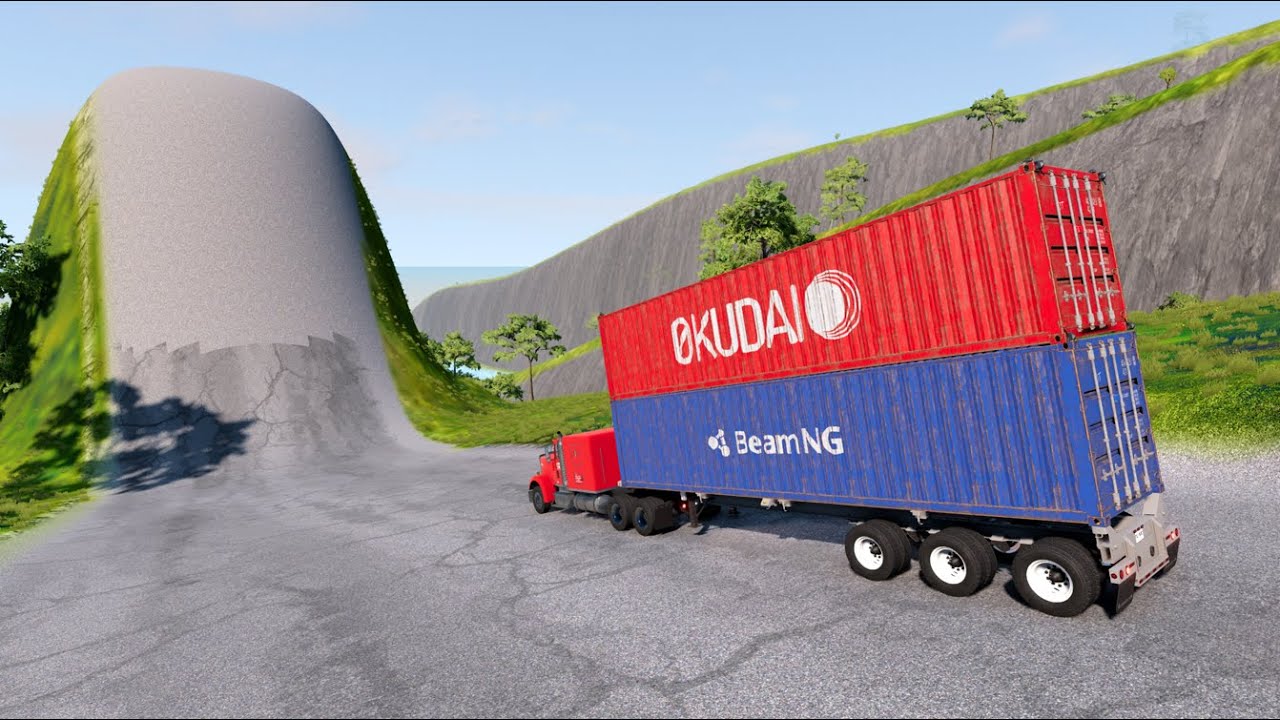 Monster Trucks vs High Mega Ramp Physics Test #008 - Realistic Speed Truck Crash in BeamNG Drive
