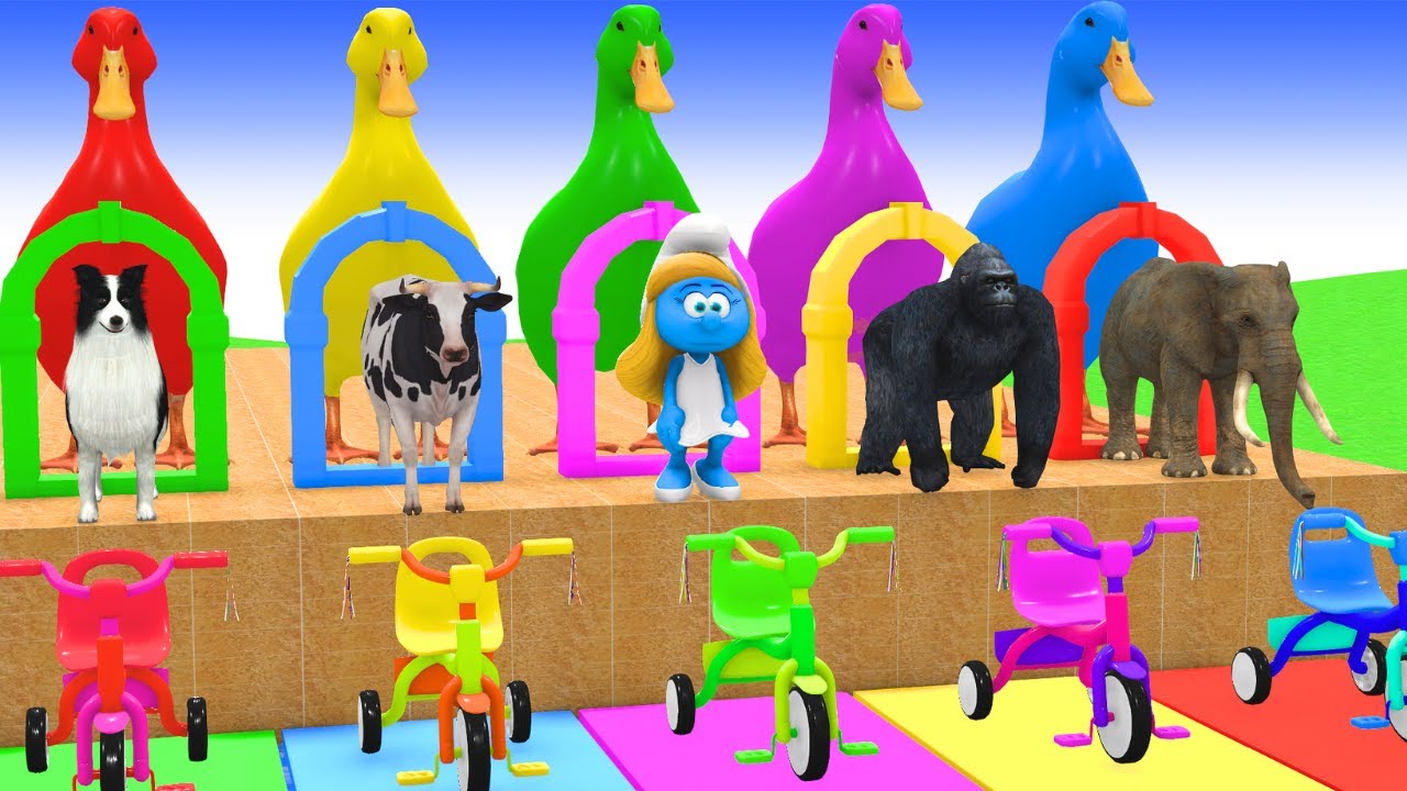 Long Slide Game With Cow Elephant Gorilla Dinosaur Tiger - 3d Animal Game - Funny 3d Animals