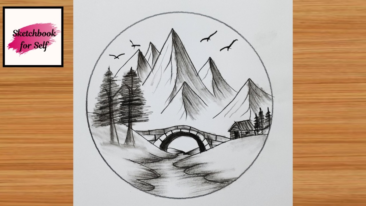 Easy Mountain Landscape Drawing with Bridge | Simple Pencil Scenery Tutorial