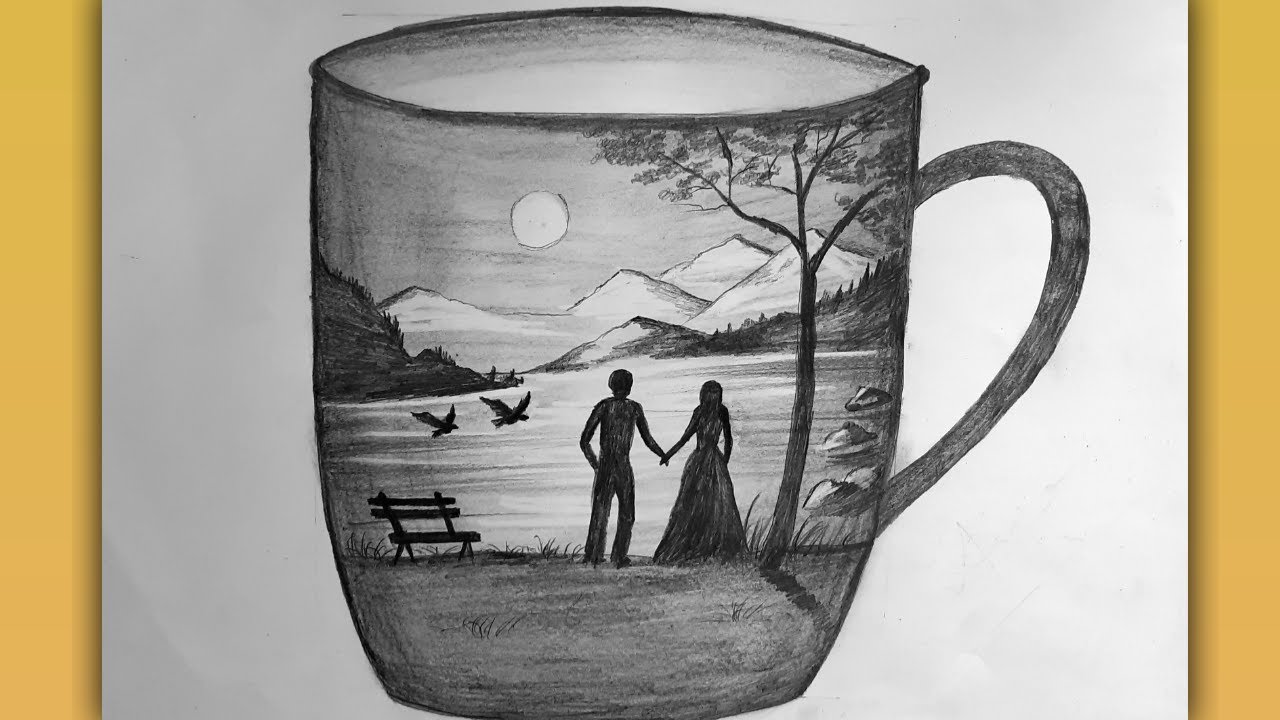 Easy Beautiful Pencil Scenery Drawing in a Cup / Step by Step