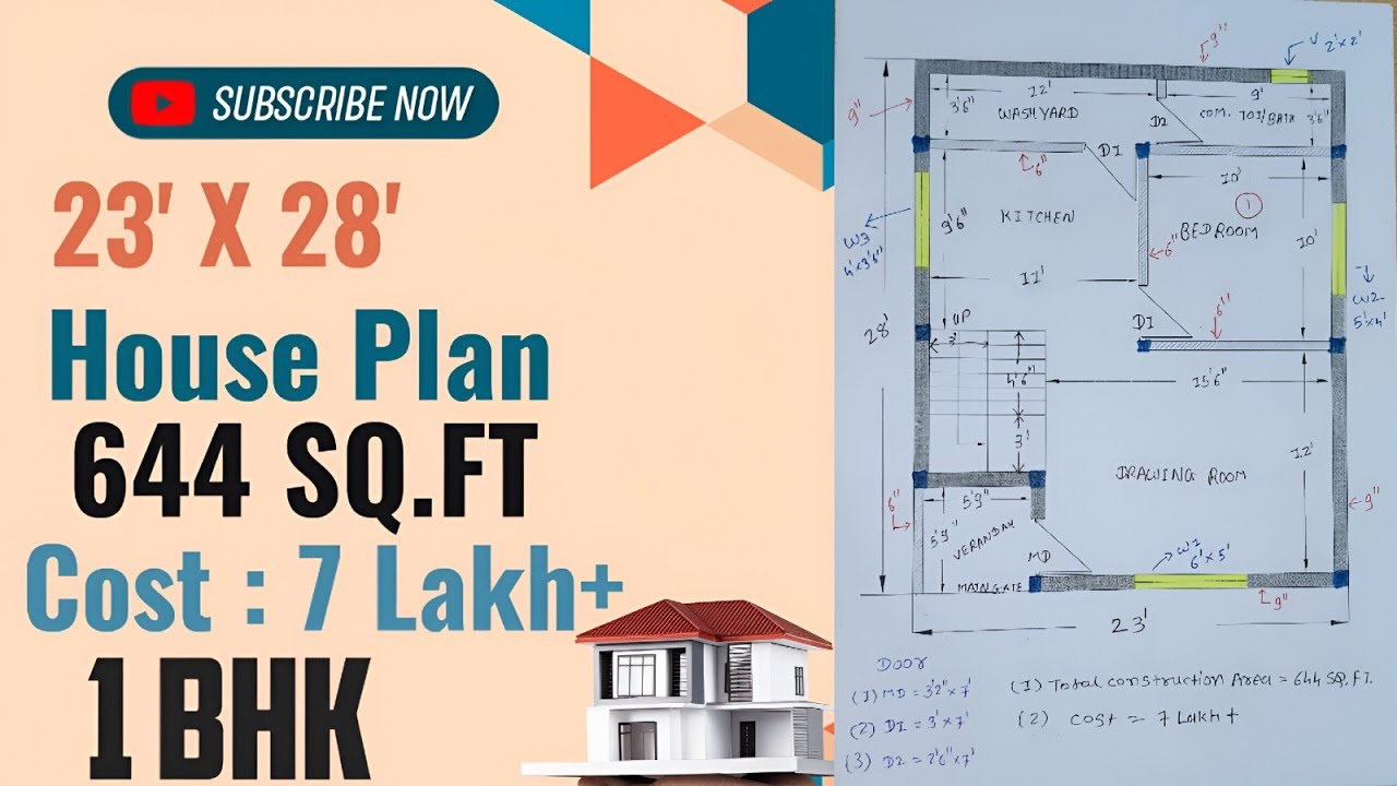 23X28 House Plan|644 Square feet| 1BHKplan|23by28 House Plan in 7Lakh|23*28 Ghar ka Naksha