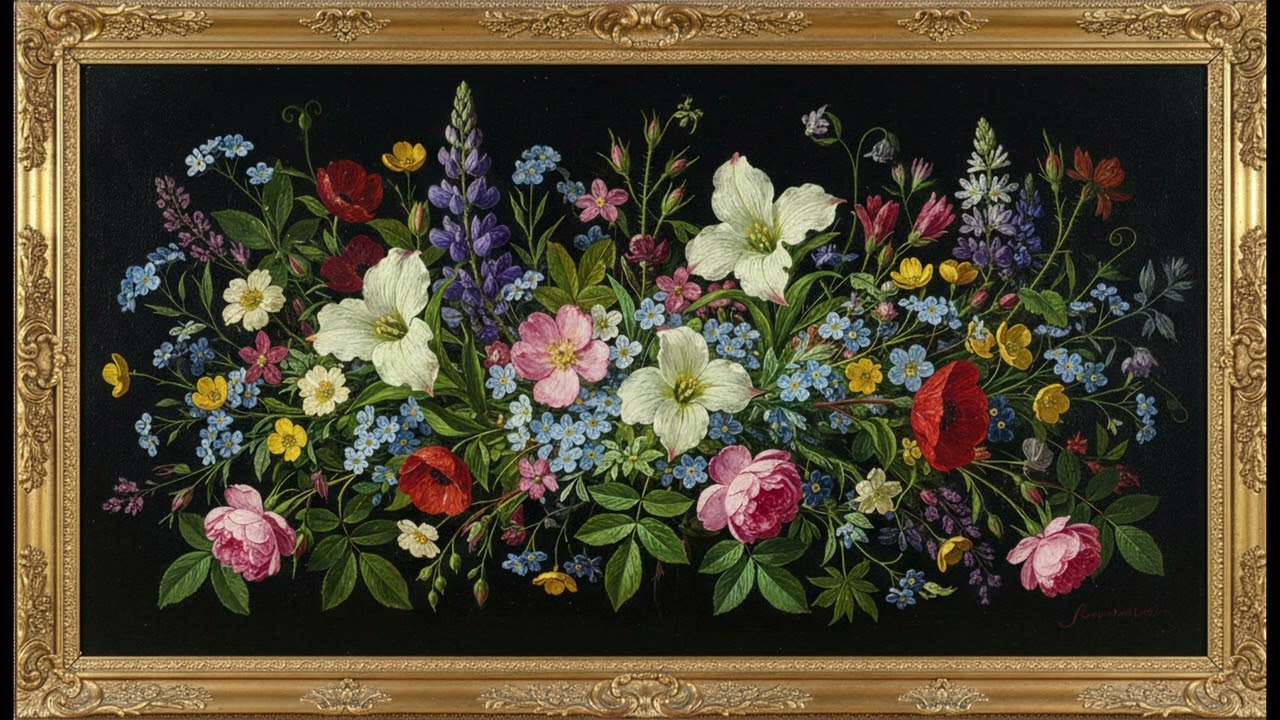 Colorful Wildflowers Oil Painting in Gold Frame - Framed Vintage TV Art