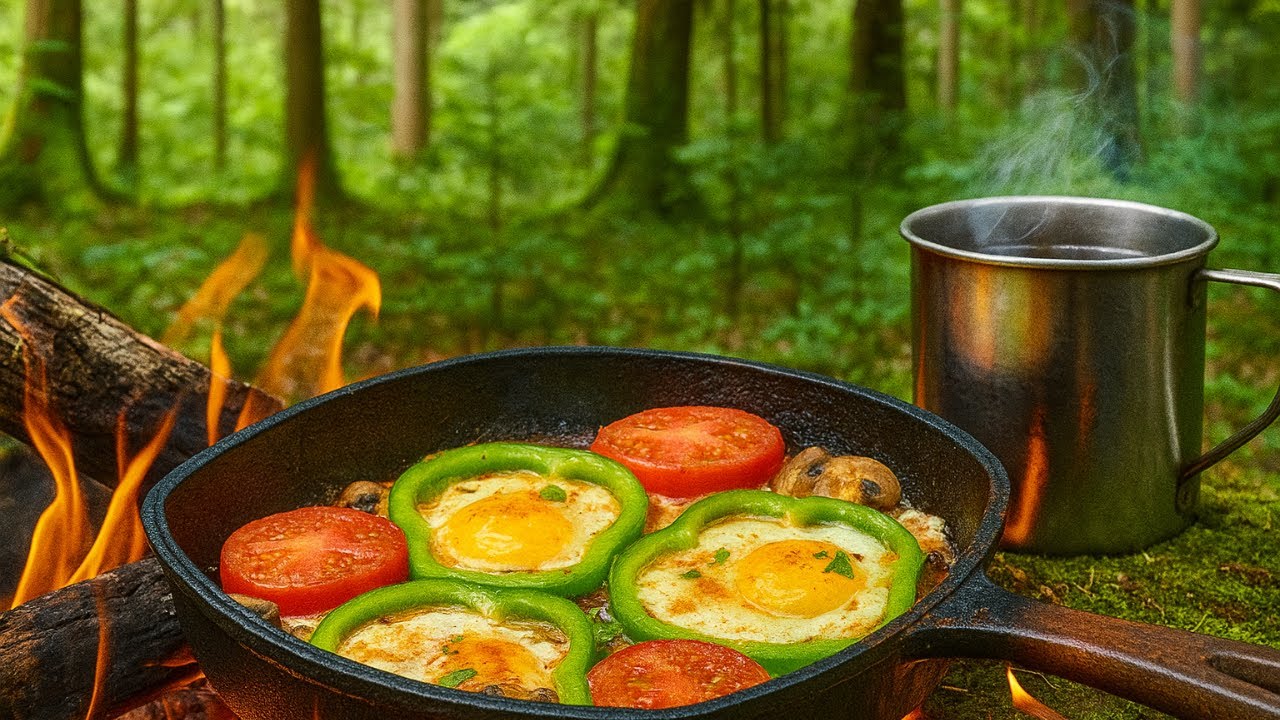 Cooking a Forest Feast: Sizzling Campfire Omelette & Smoky Tea in Nature 🌿🔥