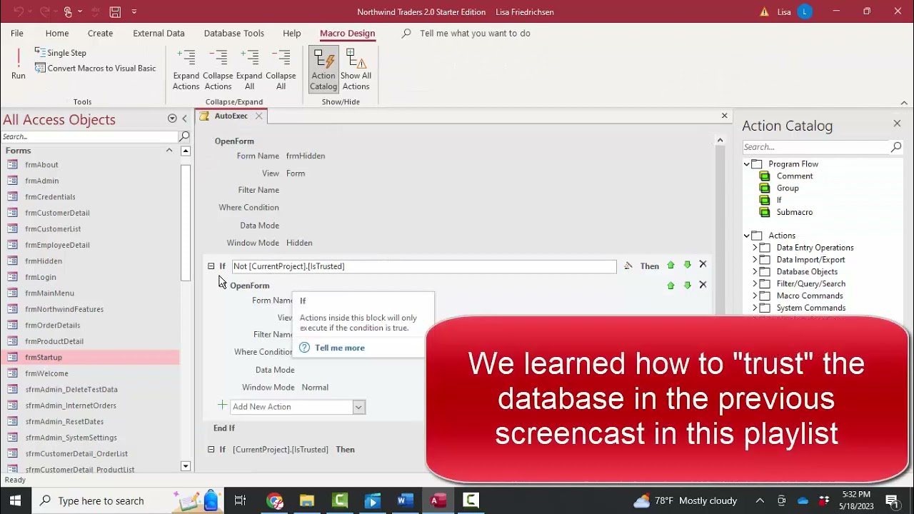 Examining Startup features including the AutoExec macro for the Access Northwind 2.0 database