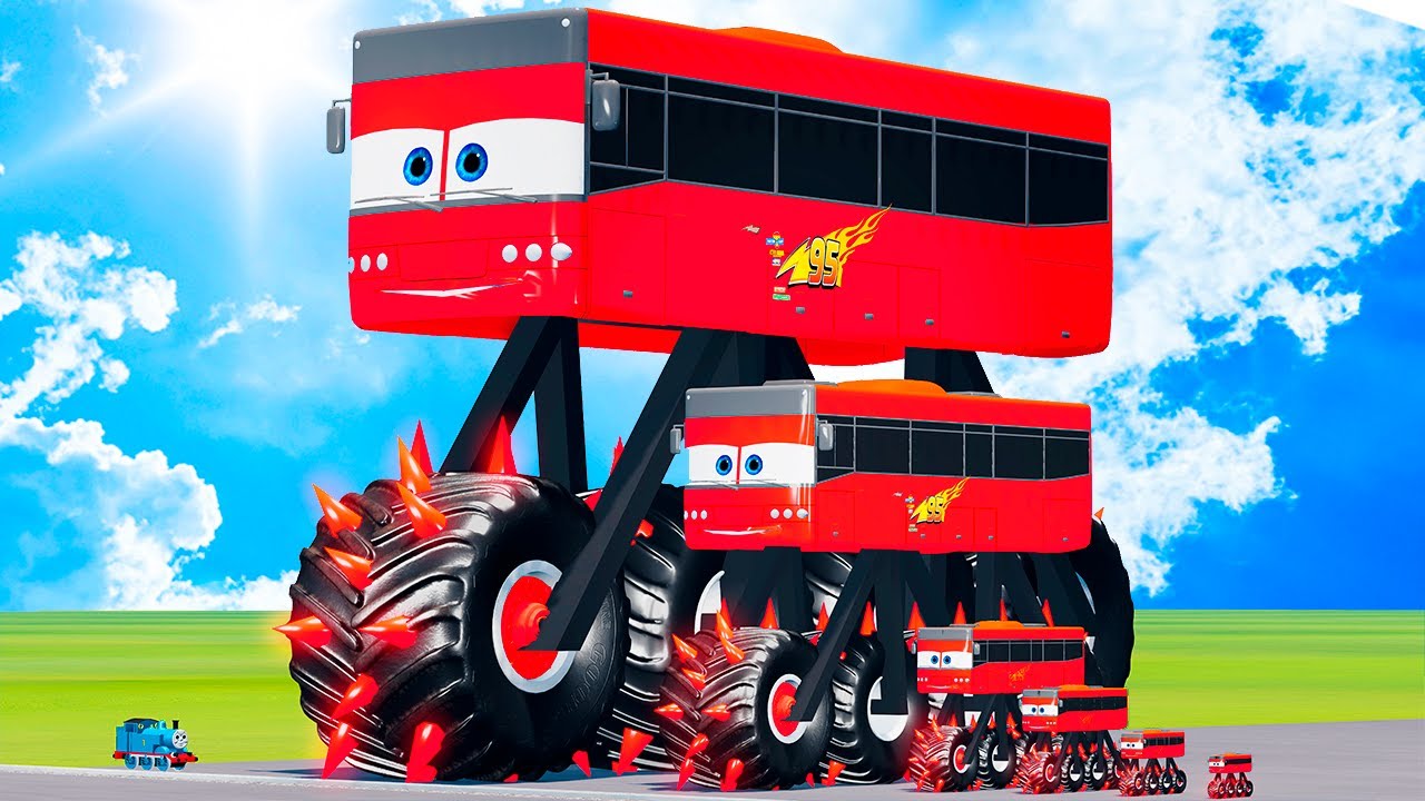 Big & Small Long Bus Spiked Thorns Monster Truck McQueen vs Thomas the Train BeamNG.Drive