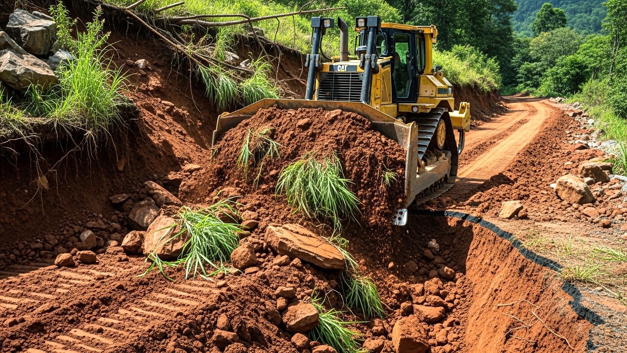 High Cliff Edge! Powerful Bulldozer Carving Narrow Mountain Road Construction Project
