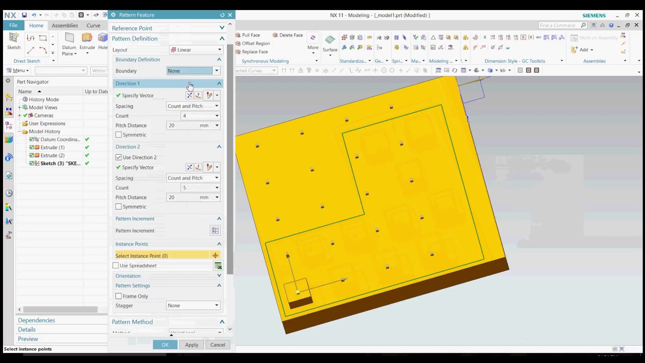 SIEMENS NX 11: PATTERN FEATURE | LINEAR PATTERN