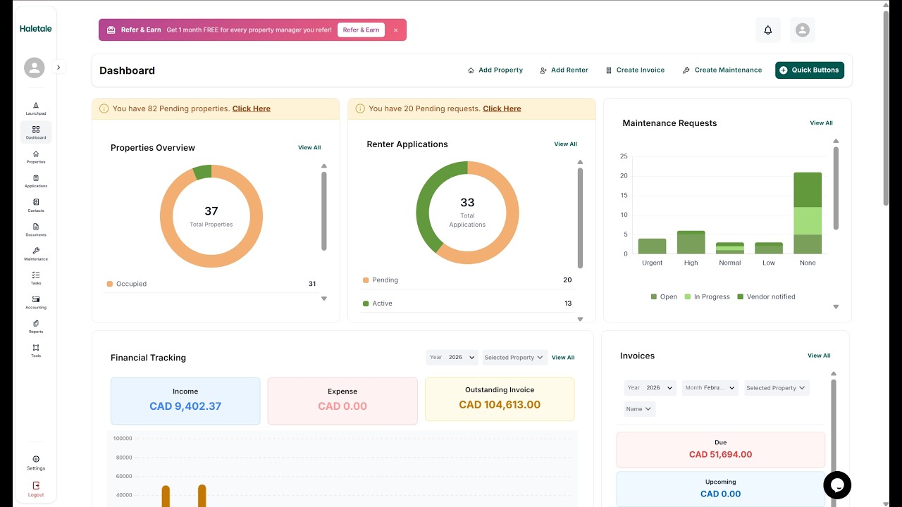 Dashboard 2.0 - Command Center Of Property Management Software| Haletale
