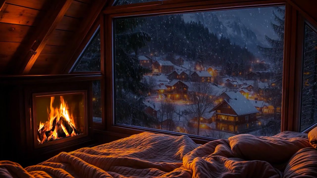 Acogedor dormitorio en una caba&ntilde;a invernal ❄️ | Chimenea y nieve afuera para dormir y relajarse