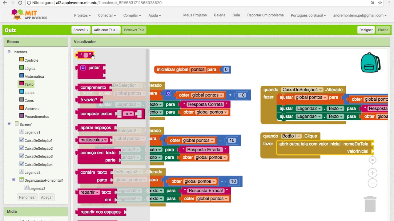 MIT App Inventor: Aula 4 - Variáveis e Múltiplas Telas