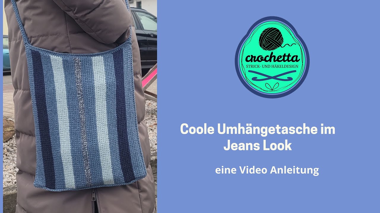 Coole Umhängetasche im Jeans Look. Tunesisch gehäkelt. Am Beispiel einer kleinen Tasche