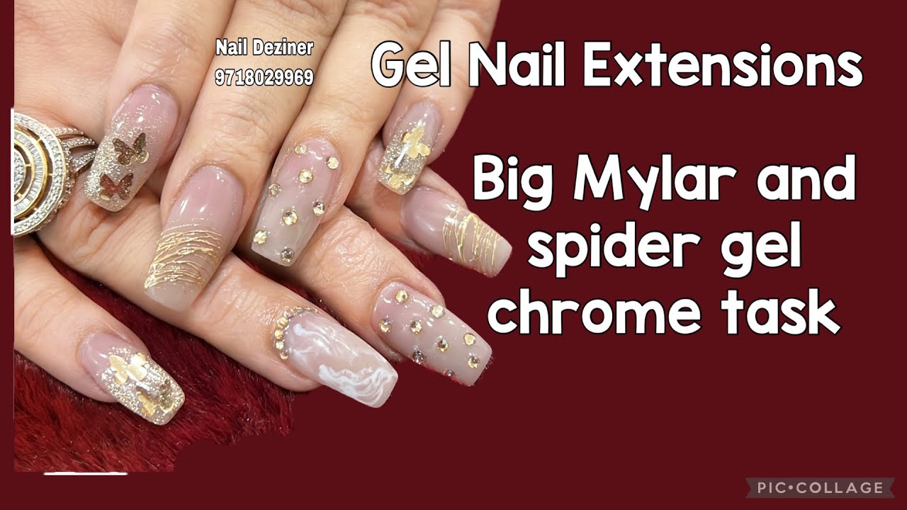 Big Mylar Nail art + spider Gel chrome | Gel Nail Extensions Tutorial for for beginners at home