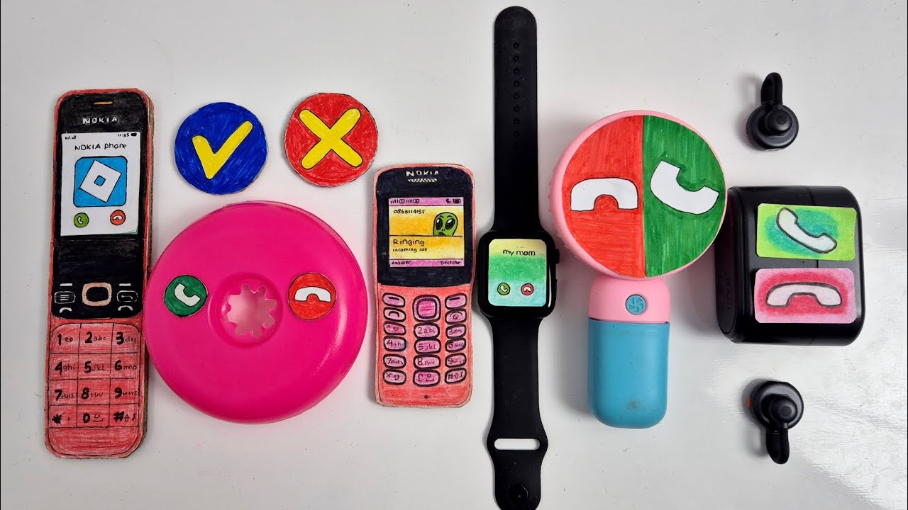 ONLY button/Nokia folder/PINK circle/NOKIA/APPLE watch/small fan/mic wirelles, incoming calls