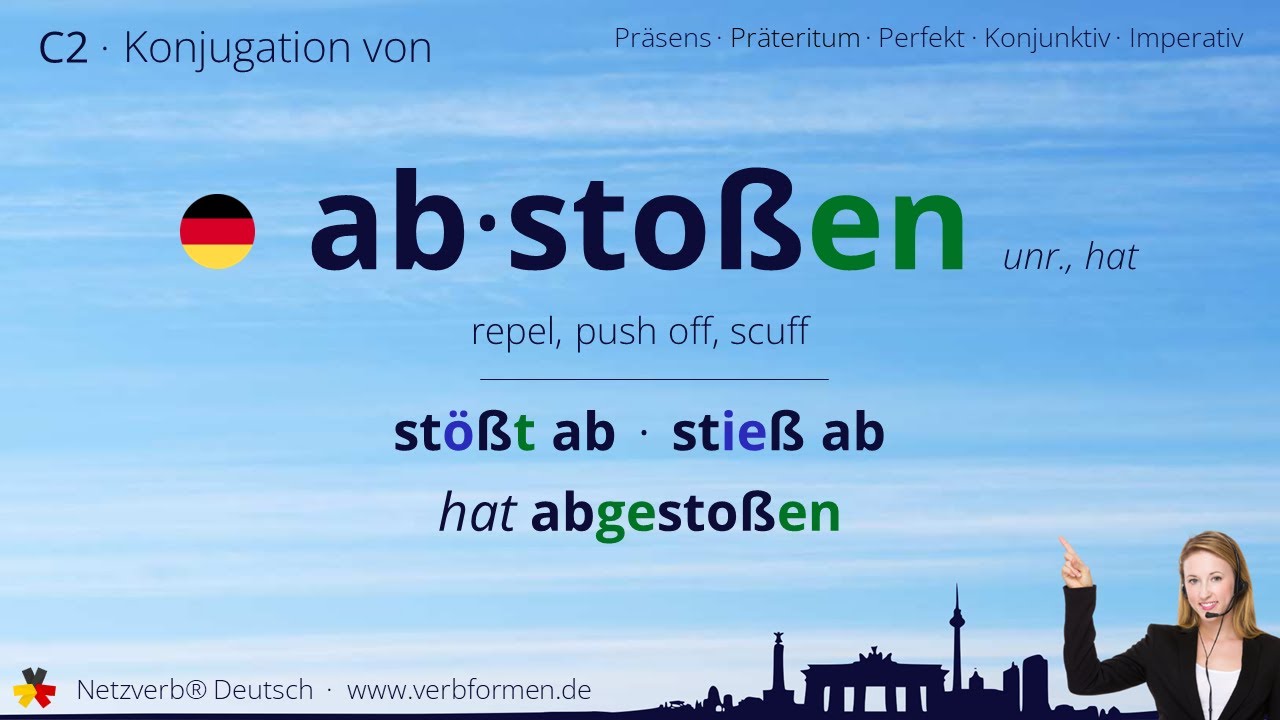 Konjugation Verb &bdquo;absto&szlig;en&ldquo; (unr., hat) - alle Zeitformen, Lernvideo, Tutorial