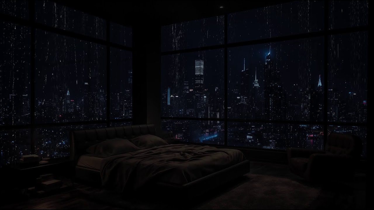 雨の夜、高級アパートメントの寝室の窓から街を眺める - ストレス解消