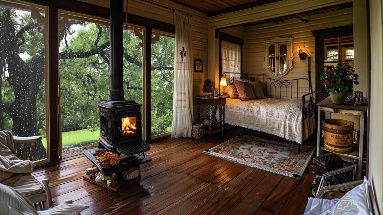 🔴Relaxing Rain Ambience | Sleeping in a Cozy Log Cabin with Warm Fireplace & Soothing Rain Sounds