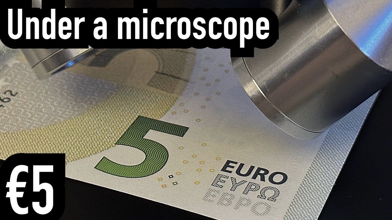 €5 Euro Banknote - Under a microscope - Five Euros European Central Bank ECB money tender 5 EUR note