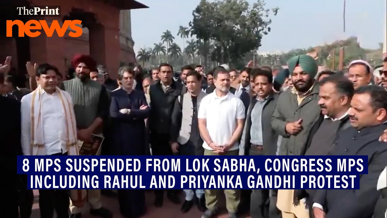 Congress MPs protest outside Parliament against suspension of 8 MPs from Lok Sabha
