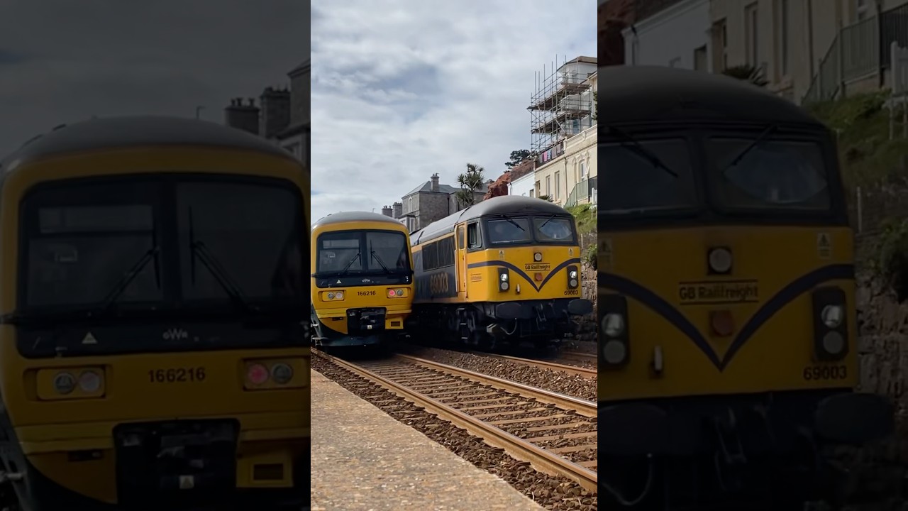 GBRF class 69 crossover with a GWR class 166 at coastguard’s-Plymouth to Taunton -66003 -166216 DMU
