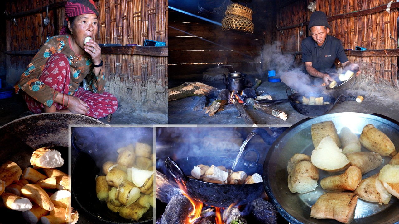 jungle man is having chayote roots with his wife in their jungle hut || family in the jungle ||