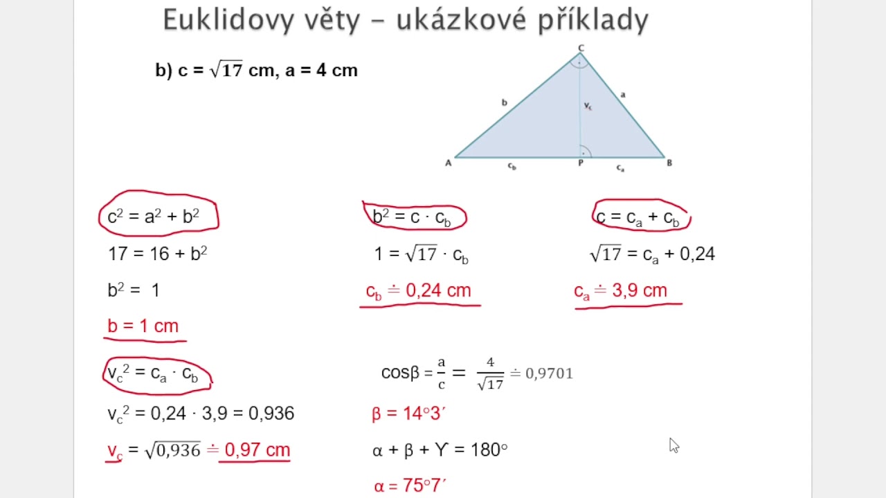 Euklidovy věty (o výšce, o odvěsnách, konstrukce úsečky o velikosti irac. čísla)