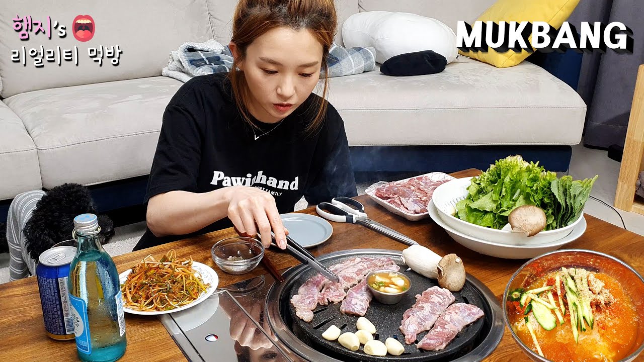 리얼먹방:) 통갈매기살 구이 (ft.소주) ★ 시원한 김치말이국수로 마무리 ㅣKorean BBQ & Kimchi guksuㅣREAL SOUNDㅣASMR MUKBANGㅣ