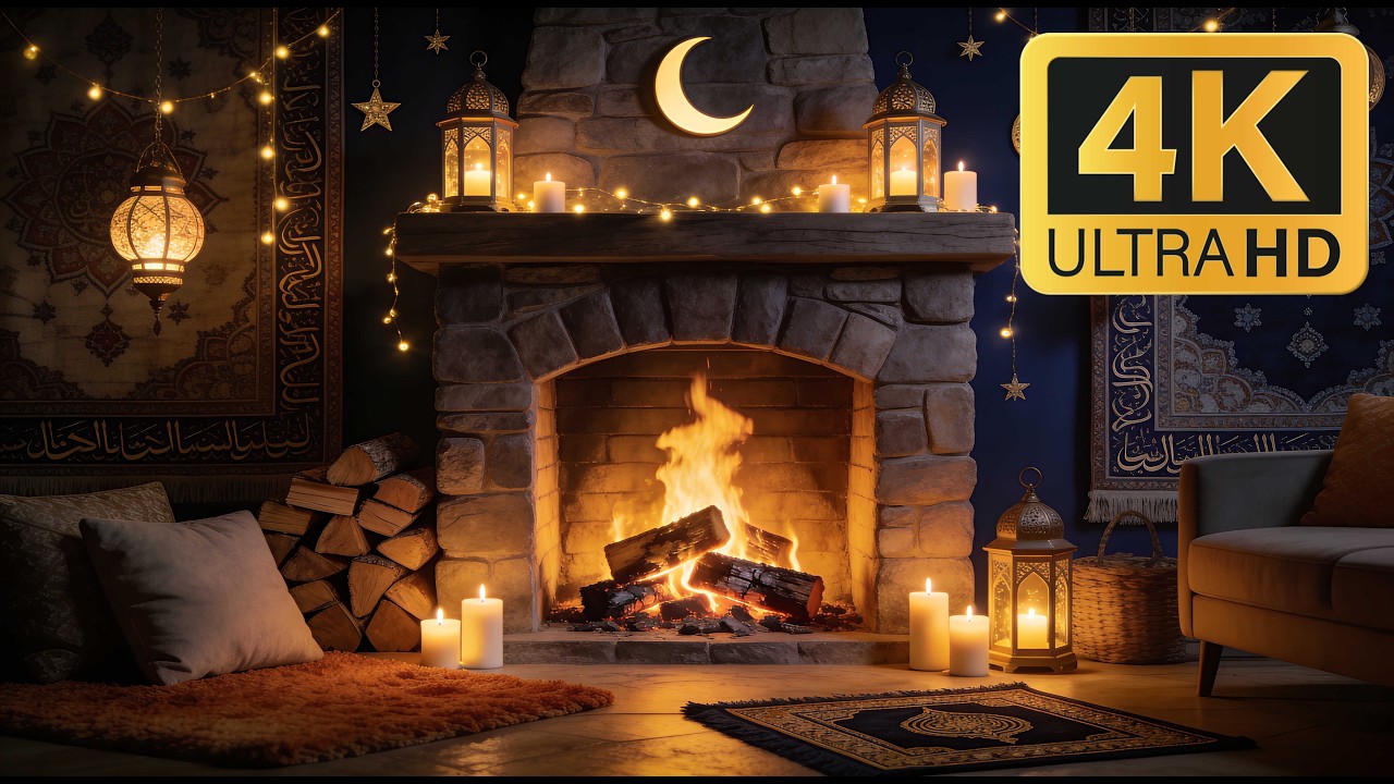 12H Ramadan Night Fireplace 4K 🌙 Lantern Light & Peaceful Crackling Fire (No Music)