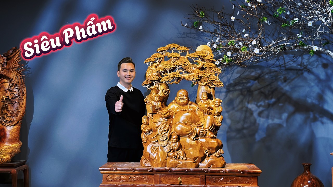 Di Lặc Ngồi Tùng gỗ Ngọc Am Thơm Ngát -Tượng gỗ Nguyễn Hồng