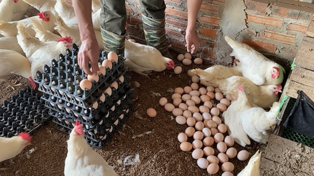 Manual Egg Collection at Chicken Farm | Daily Fresh Eggs Harvest from Laying Hens.