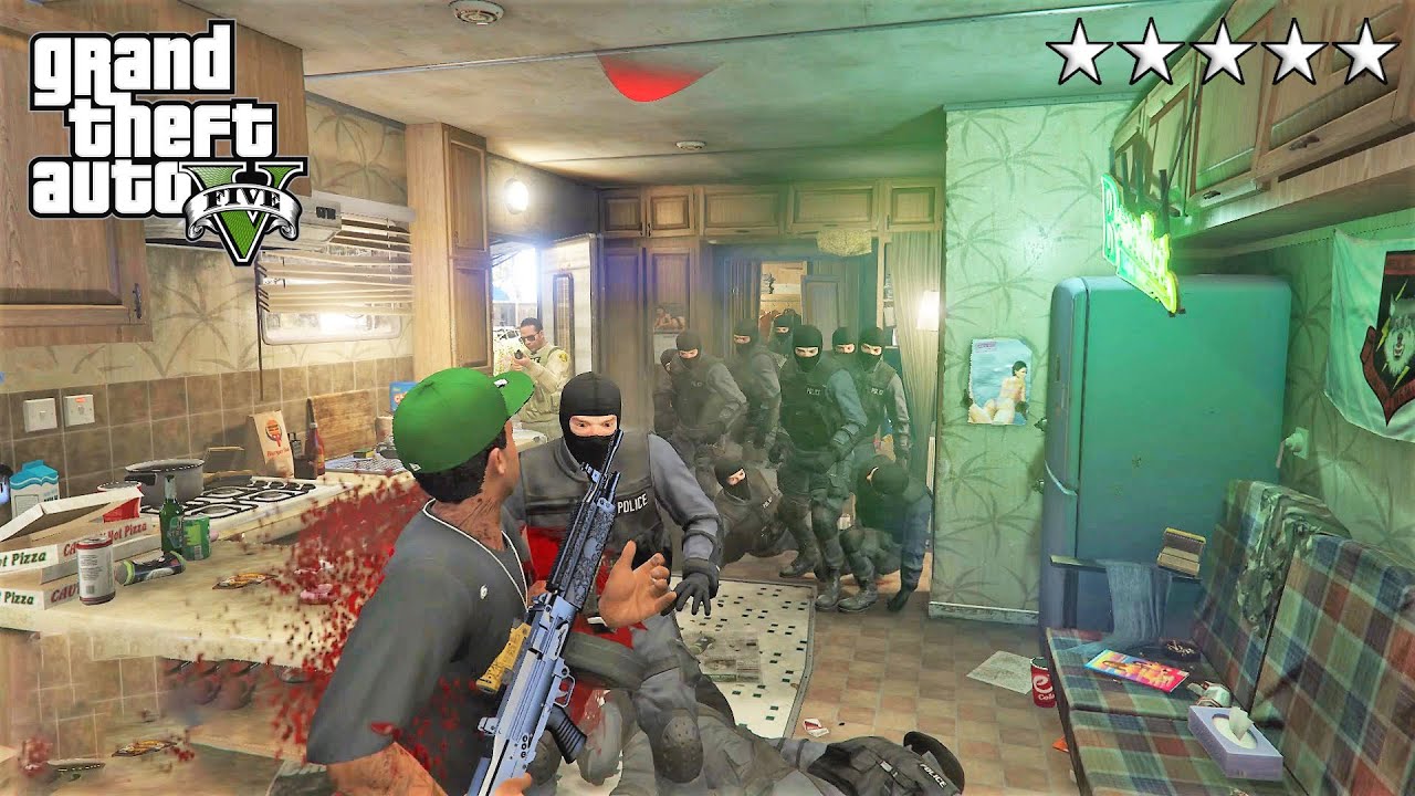 GTA 5 - Lamar&rsquo;s FIVE STAR COP BATTLE IN TREVOR'S TRAILER! (GTA V Funny Moments)