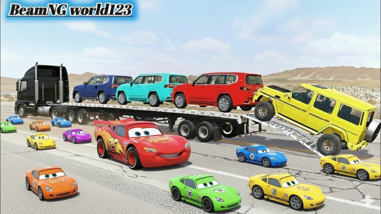 Flatbed Trailer McQueen Transportation with Truck – Speedbumps vs Cars vs Train – BeamNG.Drive #02