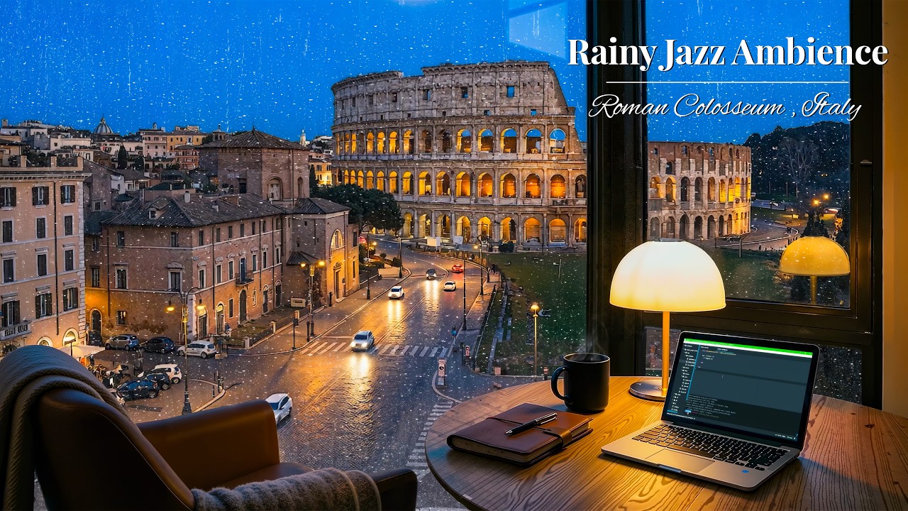 Rainy Night at Colosseum Rome 🌧️ | Smooth Jazz Piano & Cozy Ambience for Study, Relax