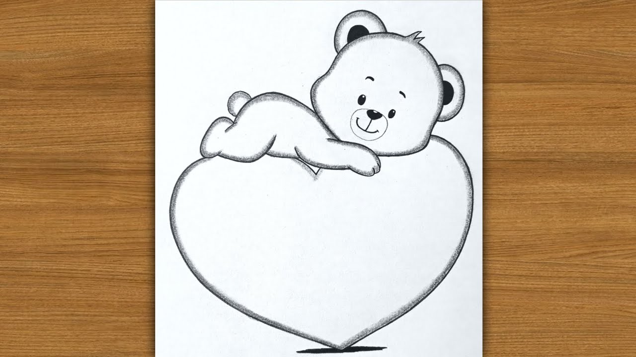 Teddy bear on the big heart easy pencil drawing | valentine' s day drawing | pencil drawing