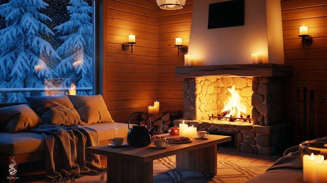 Chill Jazz Music with Crackling Fireplace | Cozy Winter Ambience for Relax, Study, Work