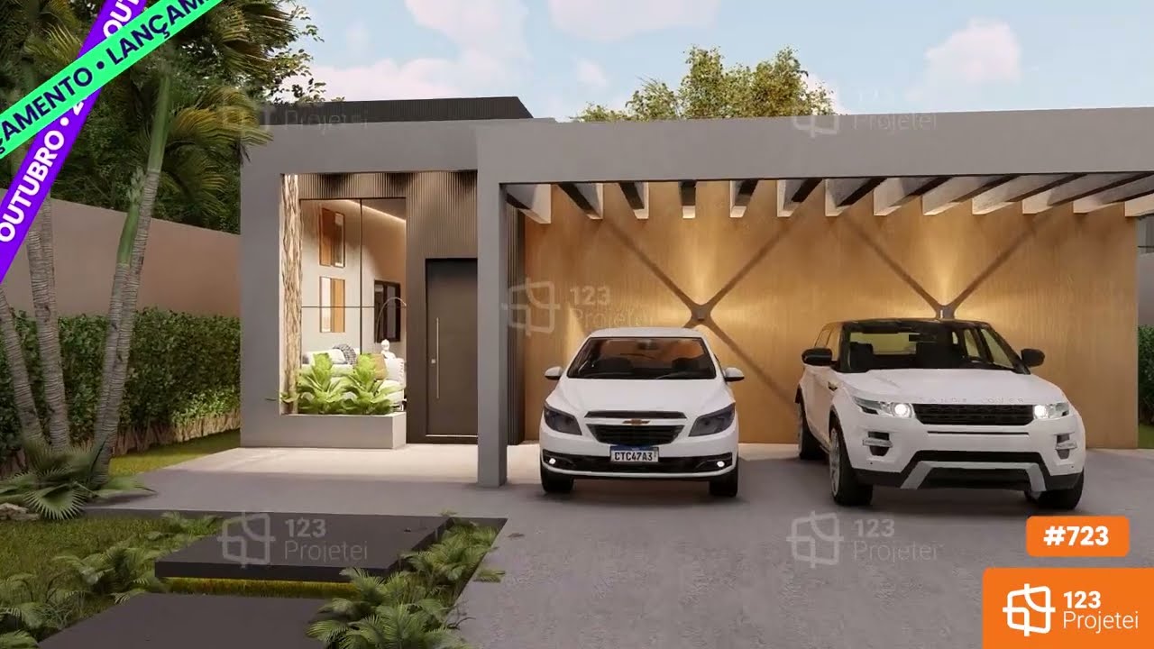 Planta de casa com fachada em tons escuros e madeira - Projeto #723