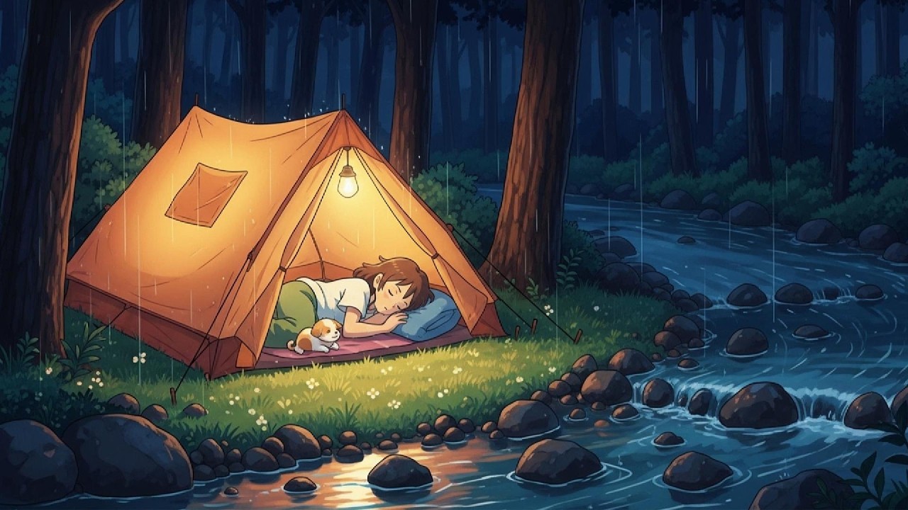 Night Rain in Forest Camp 🌙 River Ambience for Deep Sleep, Relax & Study