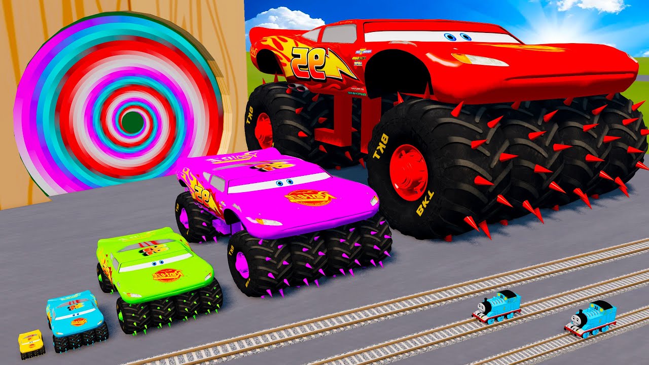 Big & Small Wide Mcqueen with Monster Truck wheels - Long Cars vs Speedbumps - BeamNG.drive