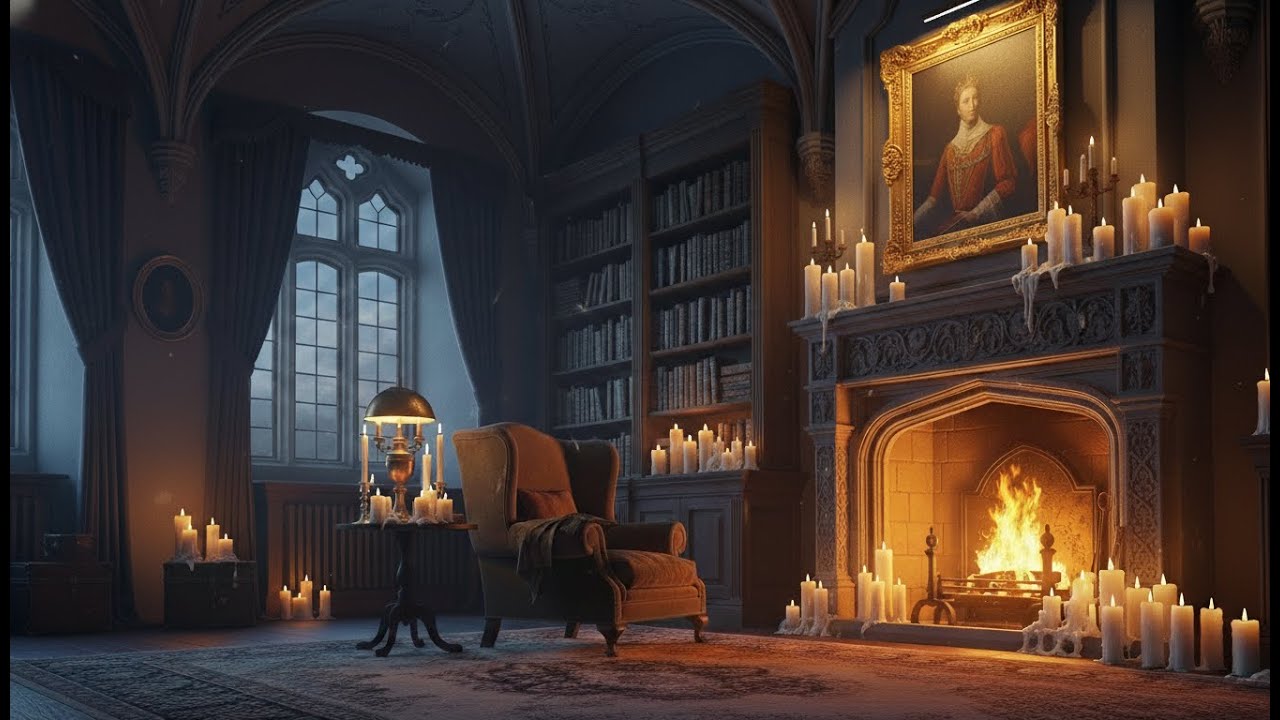 🔥📚 Fireplace Sounds for Relaxation | Cozy Night Library with Candles 🕯️✨