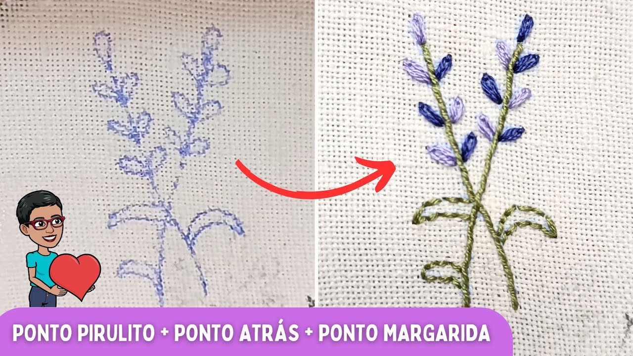 Mini flor lavanda bordada a mão para iniciantes: ponto pirulito + ponto atrás e ponto margarida