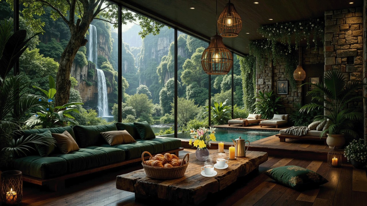 Peaceful Forest Waterfall Café Jazz | Soft Jazz Melody in Nature Coffee Shop for Study & Focus
