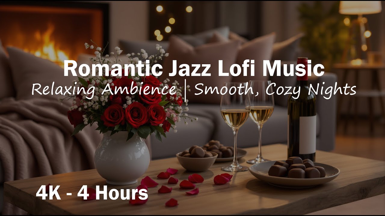Romantic Fireplace Ambience 🔥 Jazzy Lofi Mix | Cozy Living Room Screensaver (4K, 4 Hours)