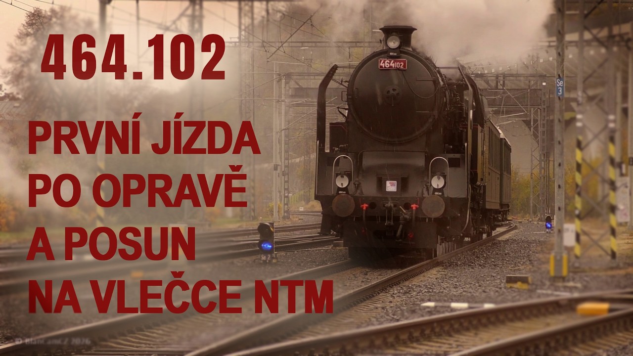 Prvn&iacute; j&iacute;zda U&scaron;at&eacute; 464.102 po opravě, svezen&iacute; na ma&scaron;ině, posun do depa na Masaryčce (NTM) (2023)
