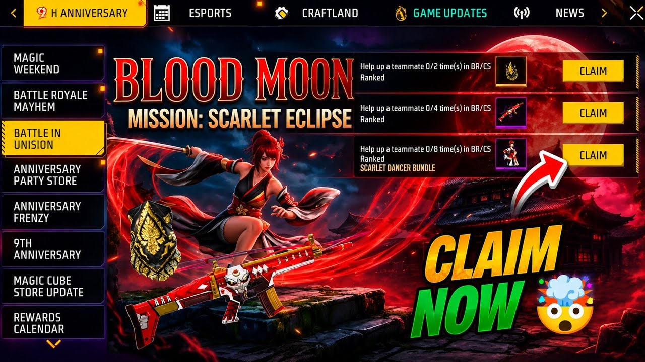😱 Free Fire NEW Blood Moon Event! FREE Bundle + Gun Skin Claim Now! 🔥